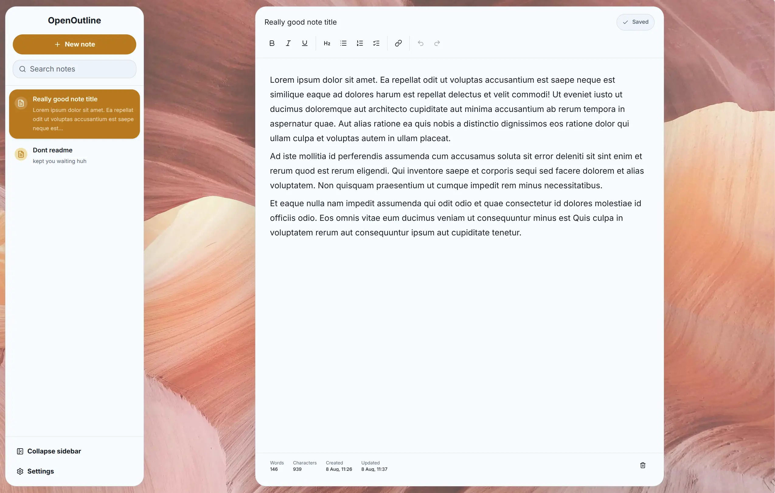 OpenOutline desktop workspace with a notes list and rich-text editor